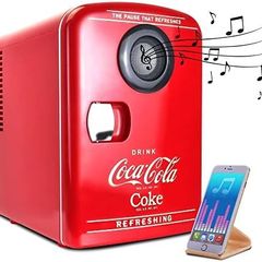 Coca-Cola Mini Fridges for Bedrooms 4L Quiet Small 6 Can Table Top Fridge Portable Retro Cooler Warmer with Built-In Bluetooth Wireless Speaker For Drinks