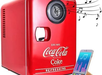 Coca-Cola Mini Fridges for Bedrooms 4L Quiet Small 6 Can Table Top Fridge Portable Retro Cooler Warmer with Built-In Bluetooth Wireless Speaker For Drinks