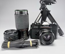 Fuji STX-2 SLR 35mm film camera plus 3 lenses