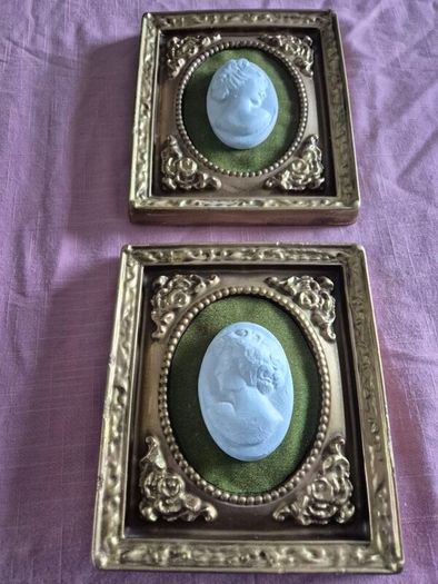 A pair of MidCentury Kelgin wall hanging Plaster  Vintage decorative pair of wall plaques featuring plaster cameos on green velvet background with ornate gold relief plaster frames