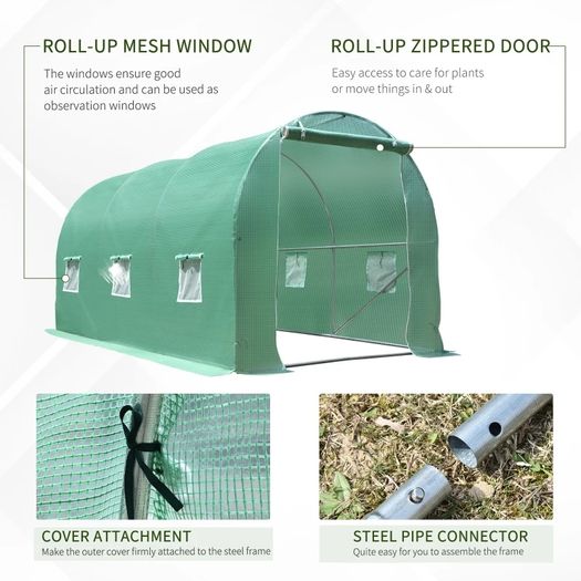 4 x 2 x 2 m Polytunnel Greenhouse with Roll-up Door and 6 Mesh Windows, Walk-in Garden Tunnel Warm House Tent with UV-resistant PE Cover and Galvanised Steel Frame, Green