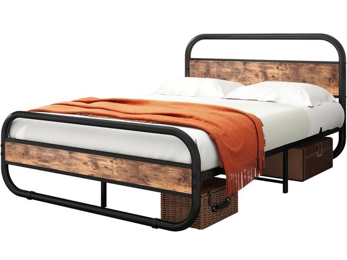 King Size Bed Metal Platform Bed Frame with Wood Headboard,