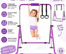 Kids Gymnastics Bar with Rings  Adjustable Height Foldable Training Bar