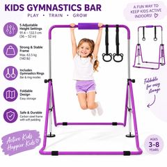 Kids Gymnastics Bar with Rings  Adjustable Height Foldable Training Bar