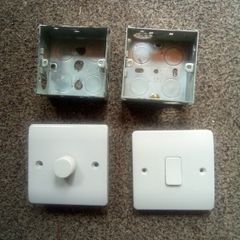 Dimmer. Switch.  And.  Light. Switch. And 2.  Flush.  Boxs