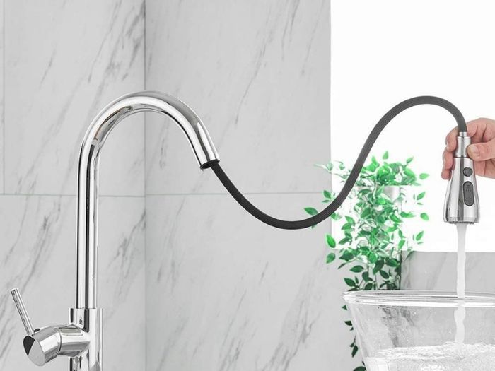 Kitchen Sink Mixer Tap with Pull Down Sprayer Chrome, Single Handle High Arc Pull Out Kitchen Taps, Single Level Solid Brass Kitchen Faucet (FREE POSTAGE)