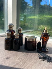 Vintage Amber Tortoiseshell Glass Dressing Table or Vanity Set of 6 Pieces