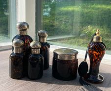 Vintage Amber Tortoiseshell Glass Dressing Table or Vanity Set of 6 Pieces