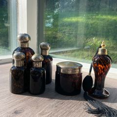 Vintage Amber Tortoiseshell Glass Dressing Table or Vanity Set of 6 Pieces