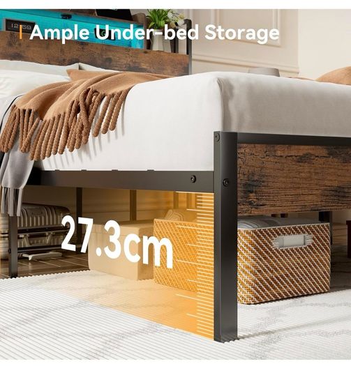 Double Bed Frame with Charging Station(2AC, 2USB) and LED, 135x190 Open Storage Shelves, Wooden Headboard, Metal Small Double Bed Frame with Underbed Storage, Strong Metal Slat Support