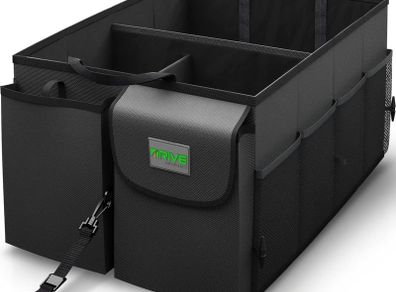 Car Boot Organiser (Black) - Storage with Tie Down Straps, Best for Tidy Auto Organization & Boot Bag Maintenance, Non-Slip Secure Travel Tote is Foldable