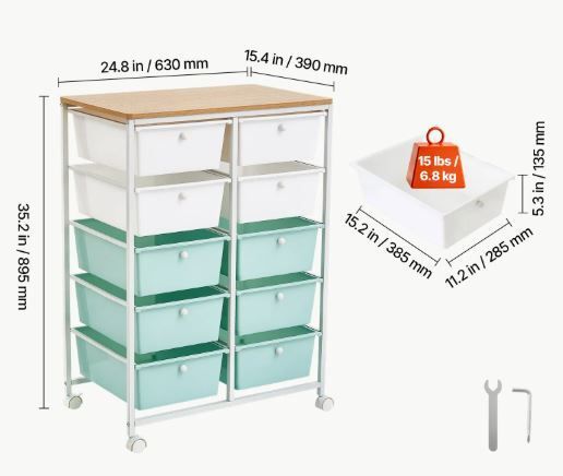 Rolling Cart with Drawers, Double Row 10 Drawer Storage Organizer, Mobile Utility Cart, Wood Top, Steel Frame