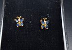 Solid 14k Gold Pair Stud Earrings W / Blue Natural Sapphires & Diamonds