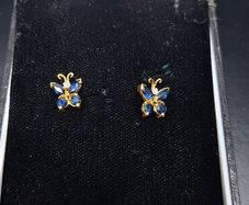 Solid 14k Gold Pair Stud Earrings W / Blue Natural Sapphires & Diamonds