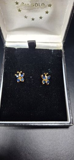 Solid 14k Gold Pair Stud Earrings W / Blue Natural Sapphires & Diamonds