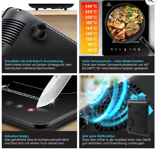 KESSER induction Hob Induction Hob 1 Plate 2100W Portable 28cm + 3x Microfibre Cloth + 1x Recipe Book