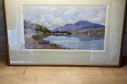 Vintage watercolour Painting Lake &amp; Mountain Scene
