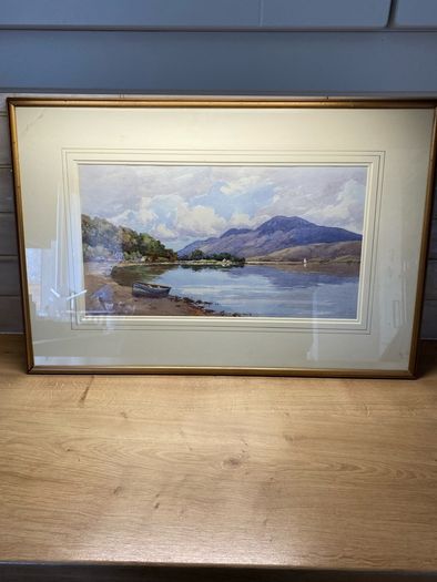 Vintage watercolour Painting Lake & Mountain Scene