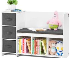 Toddler Bookshelf and Bookcase with Detachable Seat Cushion, 6-Cubby Storage Organizer Bench with 3 Drawers, Ideal for Playroom, Bedroom, Living Room or Entryway, White