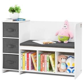 Toddler Bookshelf and Bookcase with Detachable Seat Cushion, 6-Cubby Storage Organizer Bench with 3 Drawers, Ideal for Playroom, Bedroom, Living Room or Entryway, White