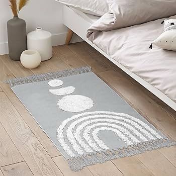 MULTIPLE SIZES AVAILABLE Boho Small Rug 60x90cm Washable Cotton Rug, Grey Cute Rainbow Hand Woven Tufted Rugs With Tassels, Low Pile Carpet For Kitchen Bathroom Living Room Bedroom Hallway Nursery Indoor Doormat