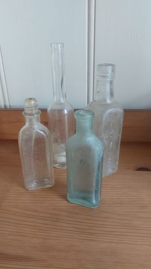Fabulous Collection of Four Assorted Antique and Vintage Apothecary and Household Bottles in Clear Glass, Price for All Four, Not Splitting