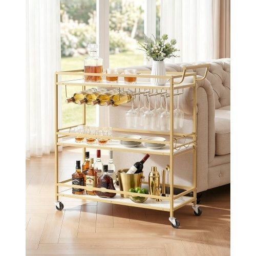 Bar Cart, 3 Tiers Home Kitchen Serving Carts, Modern Rolling Utility Station on Wheels, Mobile Drink Beverage Trolley with Wooden Shelf, Wine Rack, and Glass Holder, 910x330x935mm, Gold