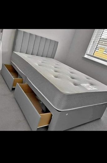 Brand New Stylish single Divan Beds.. Multiple Options Of Headboards. Tufted Memory Foam Mattresses Available. Drawers Storage Available