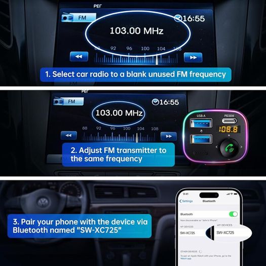 Bluetooth 5.4 FM Transmitter Car Adapter 48W (PD 36W & 12W) [Light Switch] [HiFi Bass Sound] [Fast Charging] Wireless Radio Music Adapter LED Display Hands-Free Calling Support USB Drive