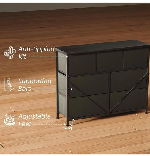 Chest of Drawers for Bedroom with 7 Drawers, Fabric Storage Drawer, Tall Black Hallway Storage Unit