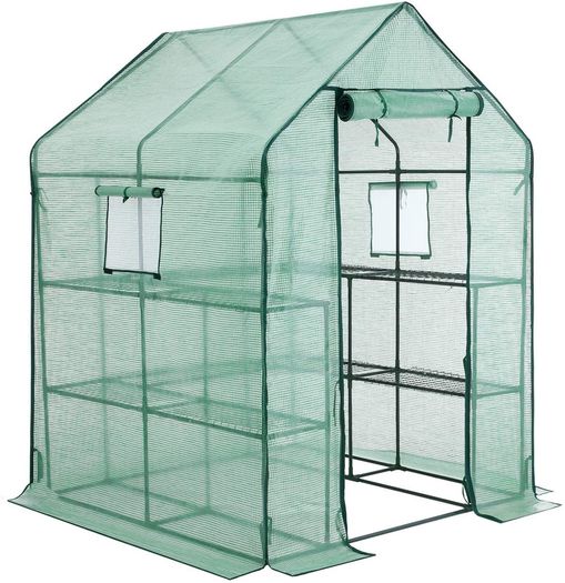 _Walk-In Garden Shed with 10 Shelves Greenhouse with Roll Up Door Tomato House Vegetables Outdoor Garden 143 x 143 x 195 cm