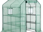 _Walk-In Garden Shed with 10 Shelves Greenhouse with Roll Up Door Tomato House Vegetables Outdoor Garden 143 x 143 x 195 cm