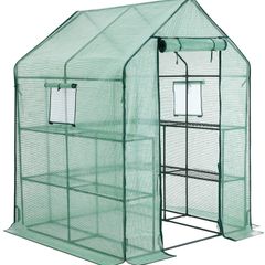 _Walk-In Garden Shed with 10 Shelves Greenhouse with Roll Up Door Tomato House Vegetables Outdoor Garden 143 x 143 x 195 cm