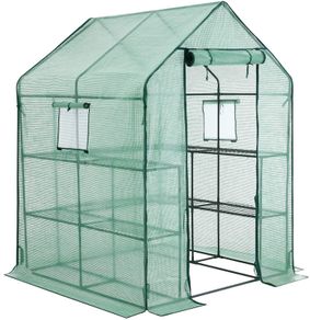 _Walk-In Garden Shed with 10 Shelves Greenhouse with Roll Up Door Tomato House Vegetables Outdoor Garden 143 x 143 x 195 cm