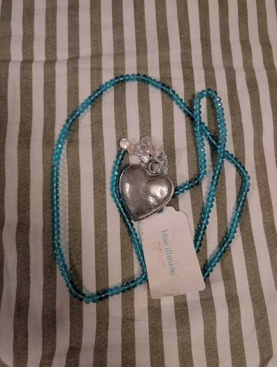 Blue Illusion Silver Heart Pendant Necklace with Beaded Chain