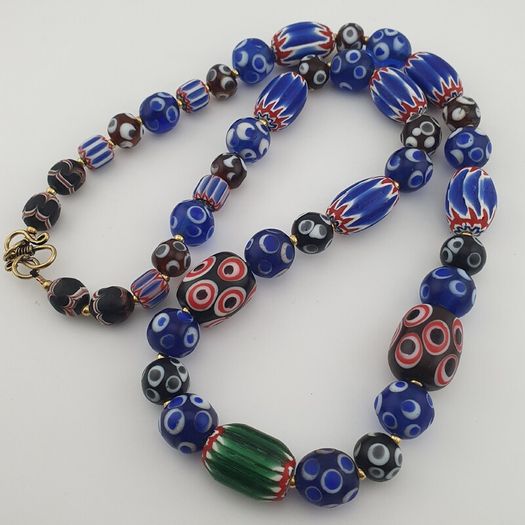 Vintage Venetian Style Mix Thousand Eyes & Chevron Glass Beads Necklace