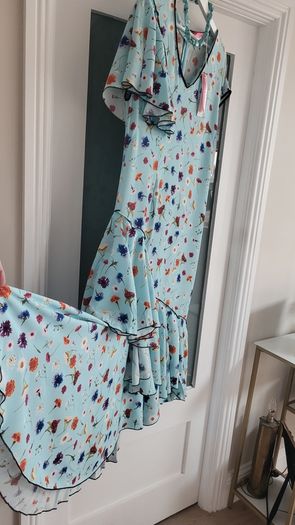 NATASHA ZINKO blue floral ruffle midi Sz 12 UK - Bnwt - Rrp 651 Sterling