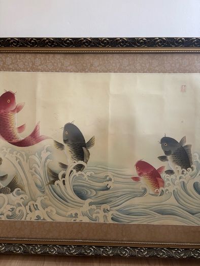 Very Large Vintage "The Carp Jumps Over the Dragon Gate" Painting on Silk
