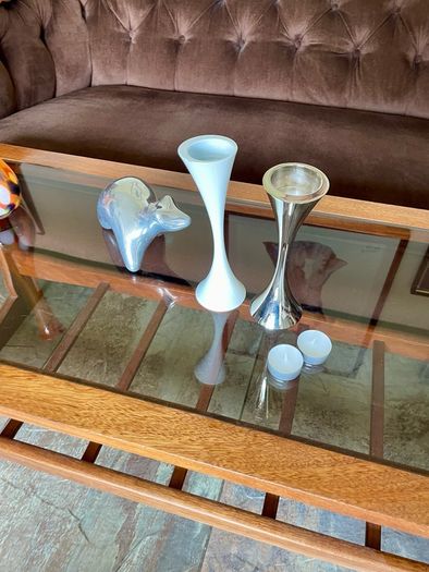 Vintage 20th Century Heavy Asymmetrical Stainless Steel and White Enamel Pair Of Candle Holders