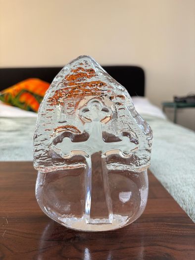 Vintage Orrefors Sweden Cross sculpture in crystal glass. Original sticker