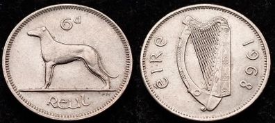 [#793] - Ireland 1968 | Irish 6p | Six Pence | Wolfhound | KM.13a | High Grade