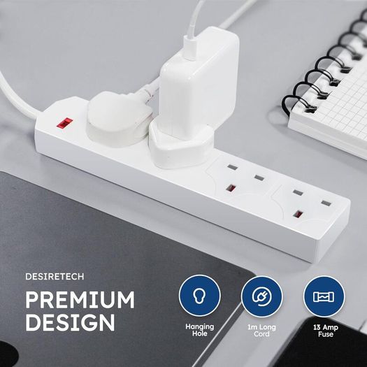 DESIRETECH White Electric Extension Lead - 4 Gang, 1 Metre Cable with UK Plug & 3 Pin Socket - Wall Mountable & Multi Socket Mains Strip for Home, Bedroom, Kitchen, & Office (1 Pack)