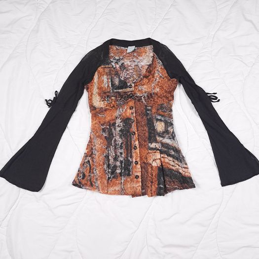 Legatte Jeans Vintage Y2K Grunge Brown Black Abstract Sheer Mesh Flared Sleeve Button Up Shirt Top 14UK/42EU