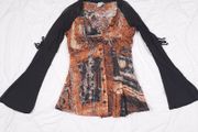 Legatte Jeans Vintage Y2K Grunge Brown Black Abstract Sheer Mesh Flared Sleeve Button Up Shirt Top 14UK/42EU