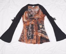Legatte Jeans Vintage Y2K Grunge Brown Black Abstract Sheer Mesh Flared Sleeve Button Up Shirt Top 14UK/42EU