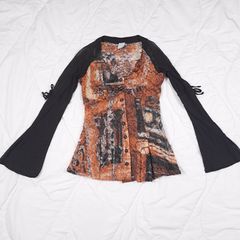 Legatte Jeans Vintage Y2K Grunge Brown Black Abstract Sheer Mesh Flared Sleeve Button Up Shirt Top 14UK/42EU