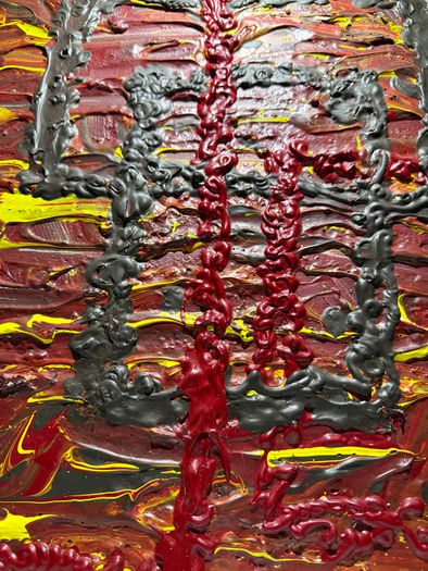 Original "666" Red Textured Abstract Oil Painting 41x51cm - Signed Monogram (yet, unknown artist)
