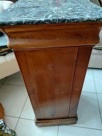 Antique Louis Phillippe style bedside table grey white veined marble top