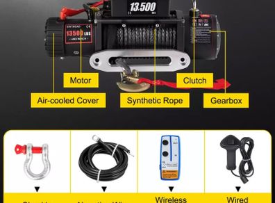 13500 LBS 12V Electric Winch 27M/92FT Synthetic Tow Rope Lifting Treuils Hoist for 4X4 Car Trailer ATV Truck Off Road Boat