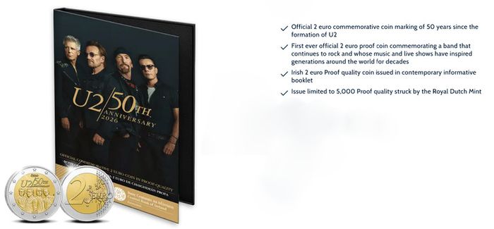 U2 Proof + BU Coincard 50th Anniversary 2026 2 euro coins
